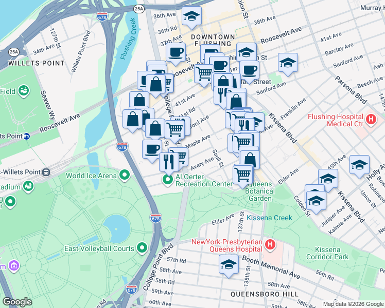 map of restaurants, bars, coffee shops, grocery stores, and more near 132-29 Pople Avenue in Queens
