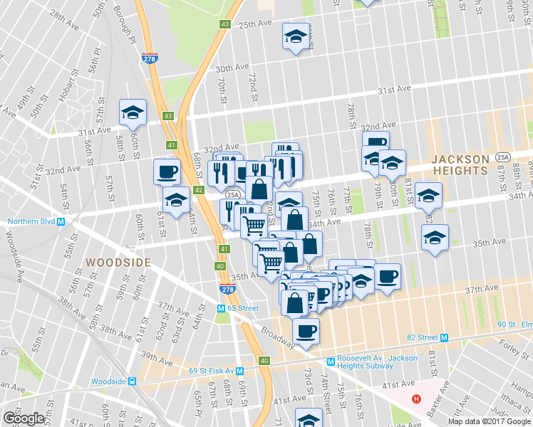 map of restaurants, bars, coffee shops, grocery stores, and more near 33-34 72nd Street in Queens