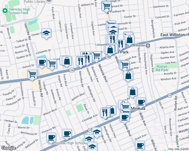 map of restaurants, bars, coffee shops, grocery stores, and more near 443 Burkhard Avenue in Williston Park