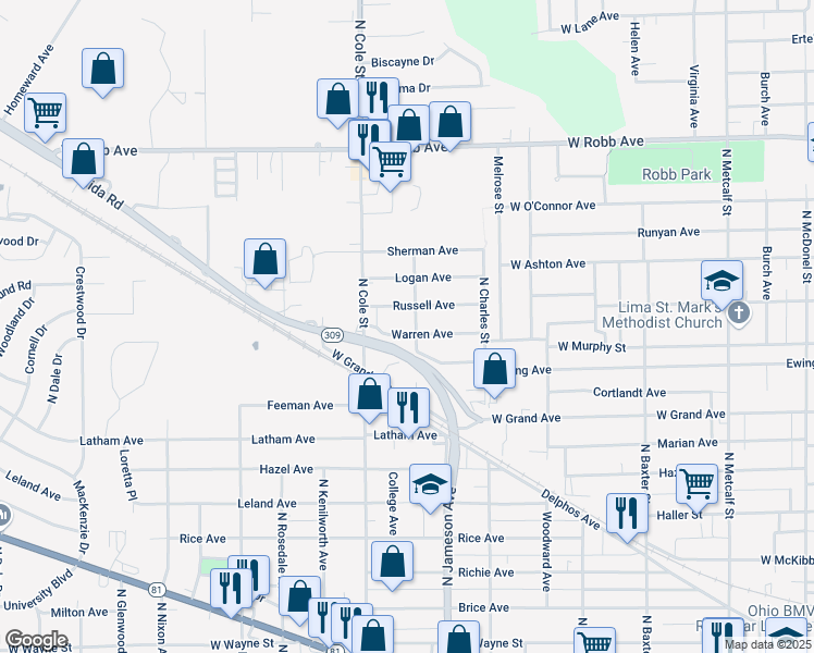 map of restaurants, bars, coffee shops, grocery stores, and more near 1205 North Center Street in Lima