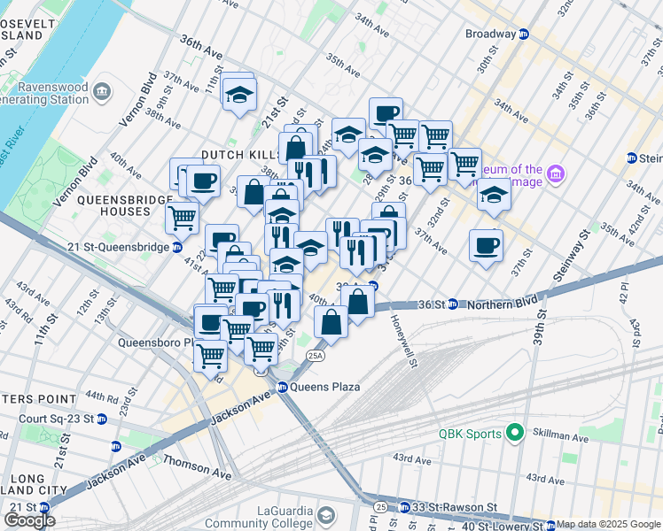 map of restaurants, bars, coffee shops, grocery stores, and more near 39-08 29th Street in Queens