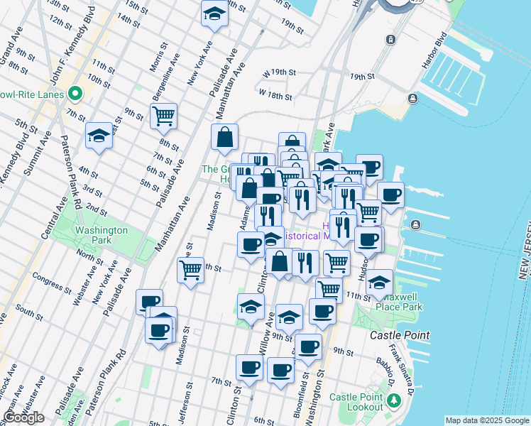 map of restaurants, bars, coffee shops, grocery stores, and more near 352 13th Street in Hoboken
