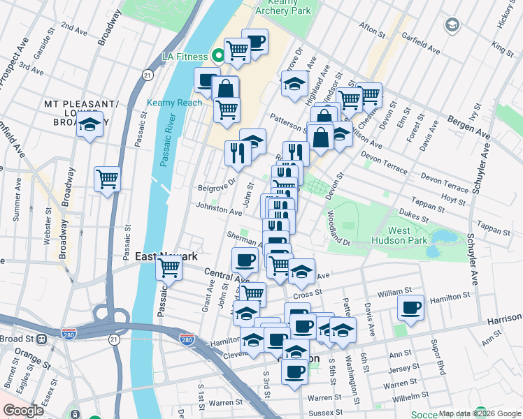map of restaurants, bars, coffee shops, grocery stores, and more near 14 Highland Avenue in Kearny