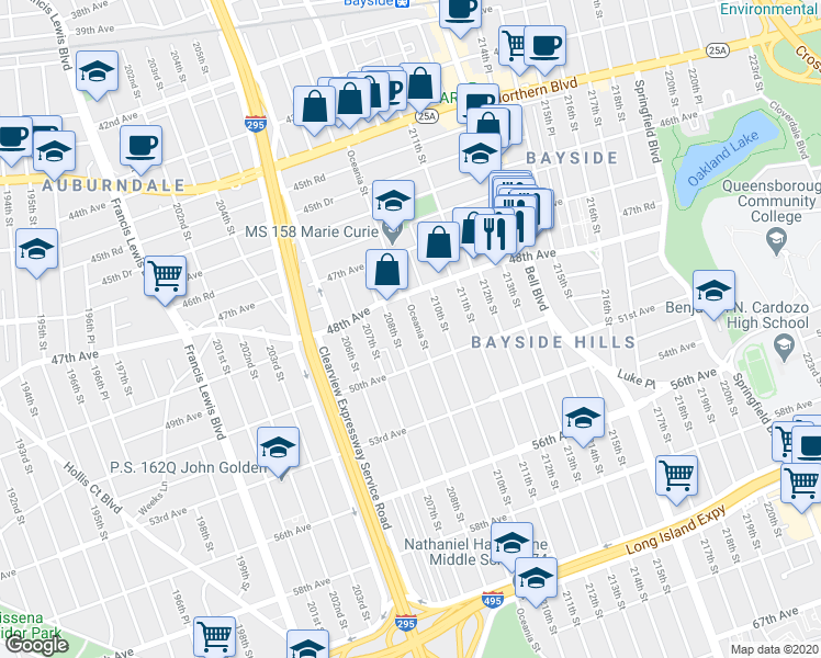 map of restaurants, bars, coffee shops, grocery stores, and more near 48-34 Oceania Street in Queens