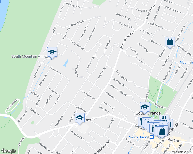 map of restaurants, bars, coffee shops, grocery stores, and more near 175 Mayhew Drive in South Orange