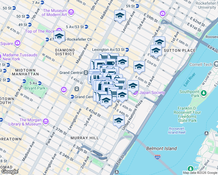 map of restaurants, bars, coffee shops, grocery stores, and more near 747 3rd Avenue in New York