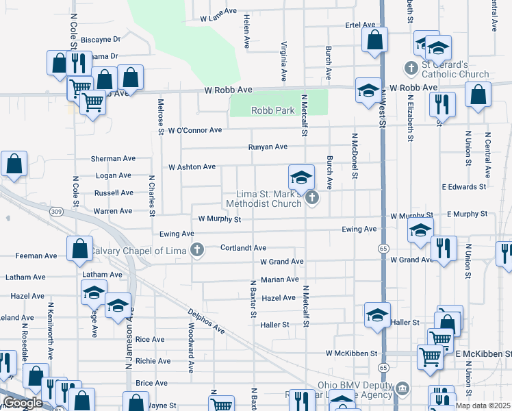 map of restaurants, bars, coffee shops, grocery stores, and more near 1110 North Baxter Street in Lima