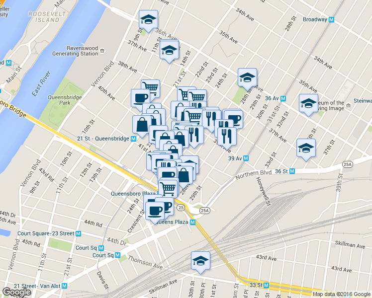 map of restaurants, bars, coffee shops, grocery stores, and more near Crescent St & 40th Ave in Queens