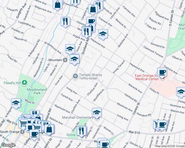 map of restaurants, bars, coffee shops, grocery stores, and more near 151 Montrose Avenue in South Orange