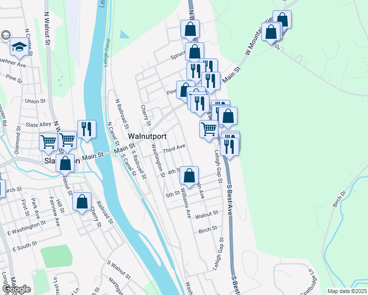 map of restaurants, bars, coffee shops, grocery stores, and more near 230 Third Avenue in Walnutport