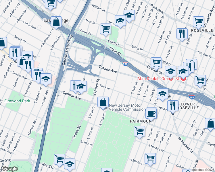 map of restaurants, bars, coffee shops, grocery stores, and more near 96 Hollywood Ave in East Orange