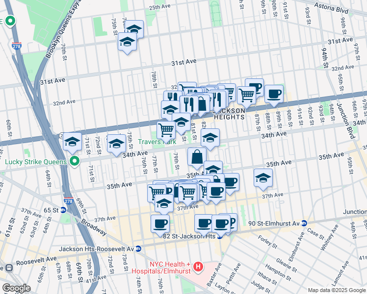 map of restaurants, bars, coffee shops, grocery stores, and more near 34-05 80th Street in Queens