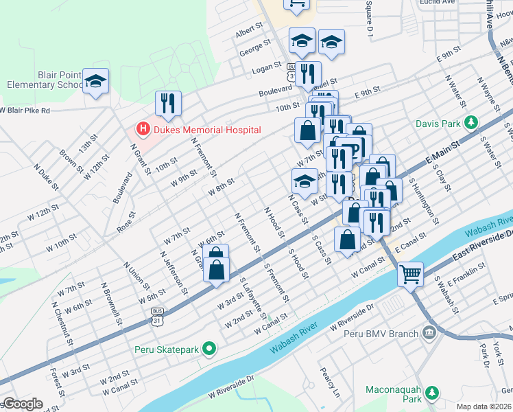 map of restaurants, bars, coffee shops, grocery stores, and more near 151-199 West 7th Street in Peru