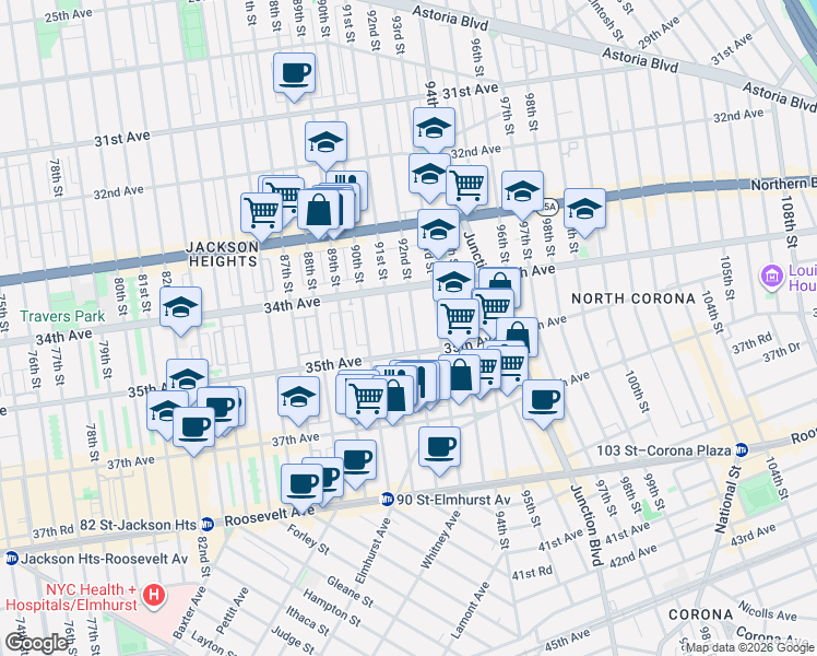 map of restaurants, bars, coffee shops, grocery stores, and more near 34-44 92nd Street in Queens