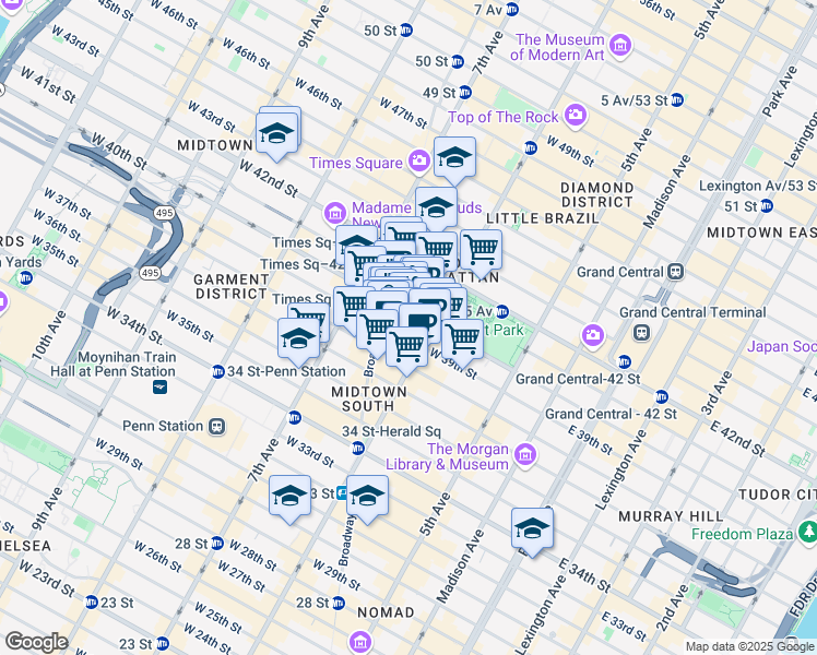 map of restaurants, bars, coffee shops, grocery stores, and more near 1430 Broadway in New York