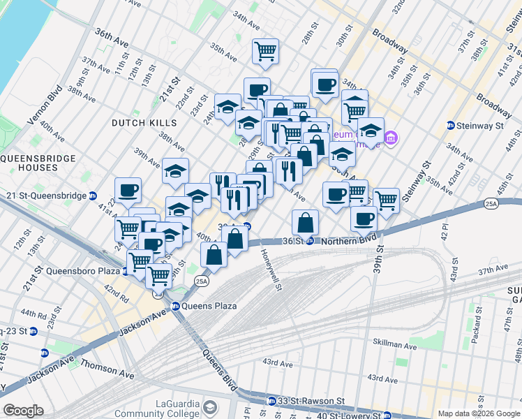 map of restaurants, bars, coffee shops, grocery stores, and more near 38-03 31st Street in Queens