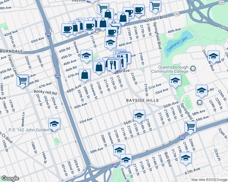 map of restaurants, bars, coffee shops, grocery stores, and more near 48-62 212th Street in Queens