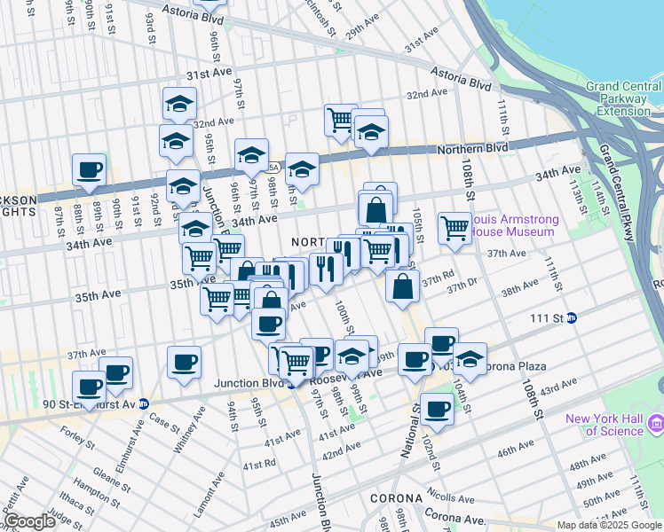 map of restaurants, bars, coffee shops, grocery stores, and more near 35-25 100th Street in Queens