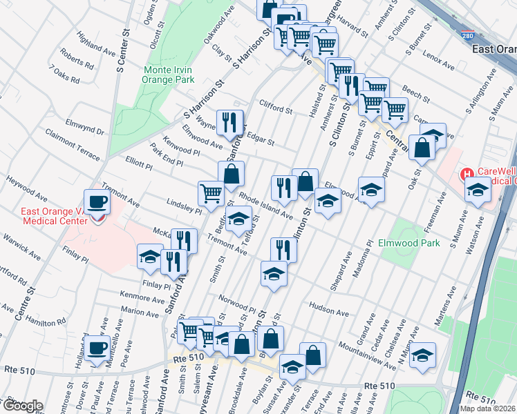 map of restaurants, bars, coffee shops, grocery stores, and more near 60 Telford Street in East Orange