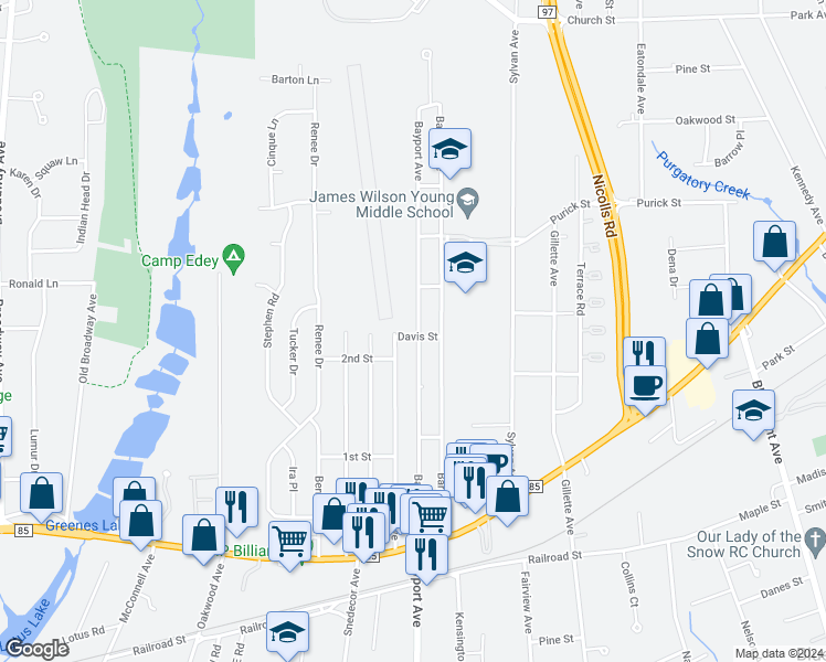 map of restaurants, bars, coffee shops, grocery stores, and more near 9 Davis Street in Bayport