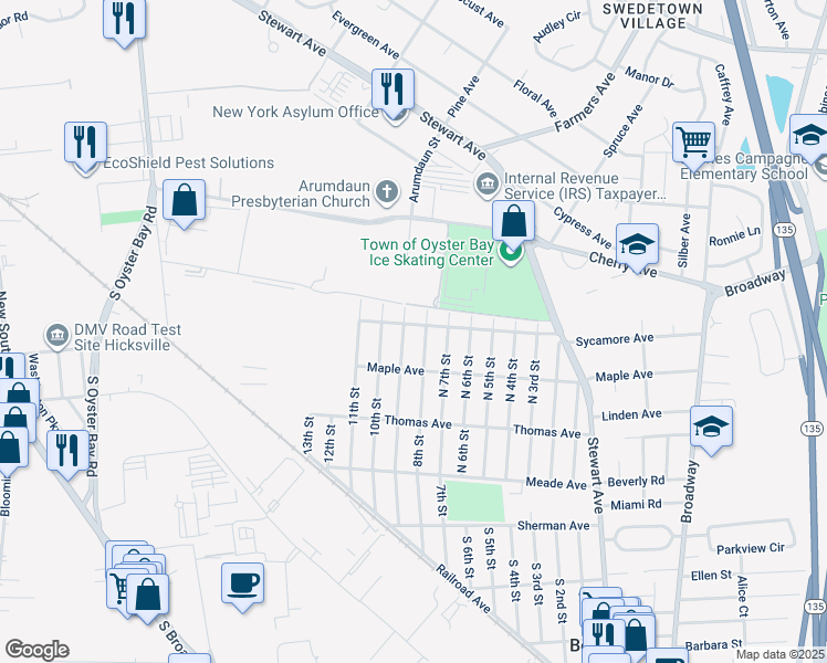 map of restaurants, bars, coffee shops, grocery stores, and more near 185 Sycamore Avenue in Bethpage