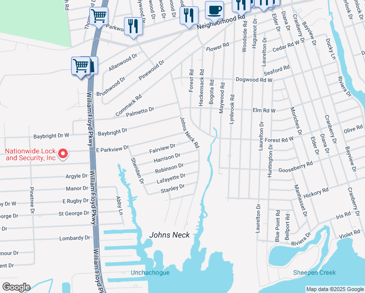 map of restaurants, bars, coffee shops, grocery stores, and more near 48 Fairview Drive in Shirley