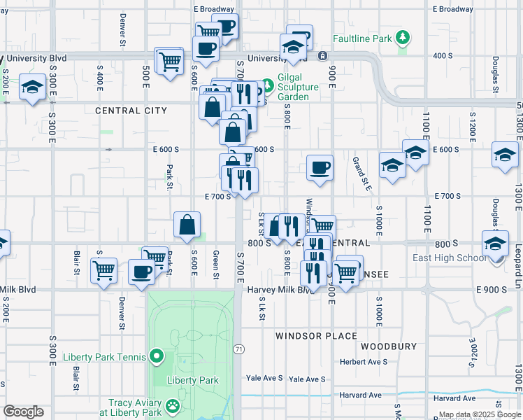 map of restaurants, bars, coffee shops, grocery stores, and more near 716 Lake Street in Salt Lake City