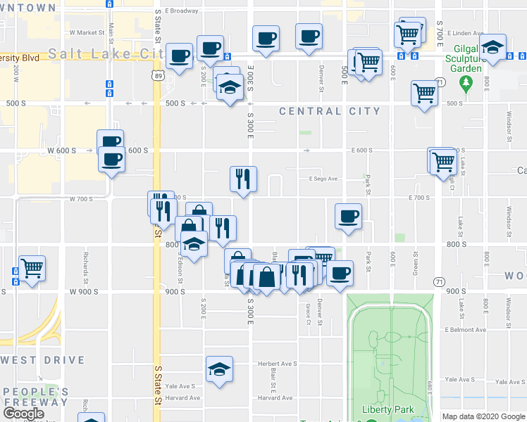 map of restaurants, bars, coffee shops, grocery stores, and more near 731 South 300 East in Salt Lake City