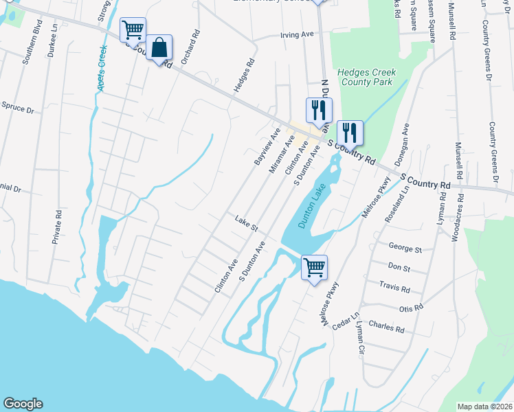 map of restaurants, bars, coffee shops, grocery stores, and more near 126 Miramar Avenue in East Patchogue