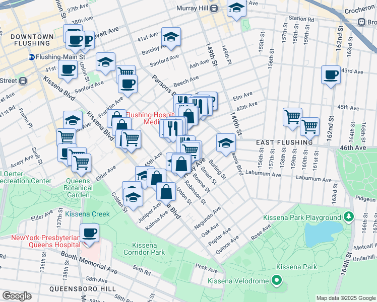 map of restaurants, bars, coffee shops, grocery stores, and more near 45-39 Smart Street in Queens