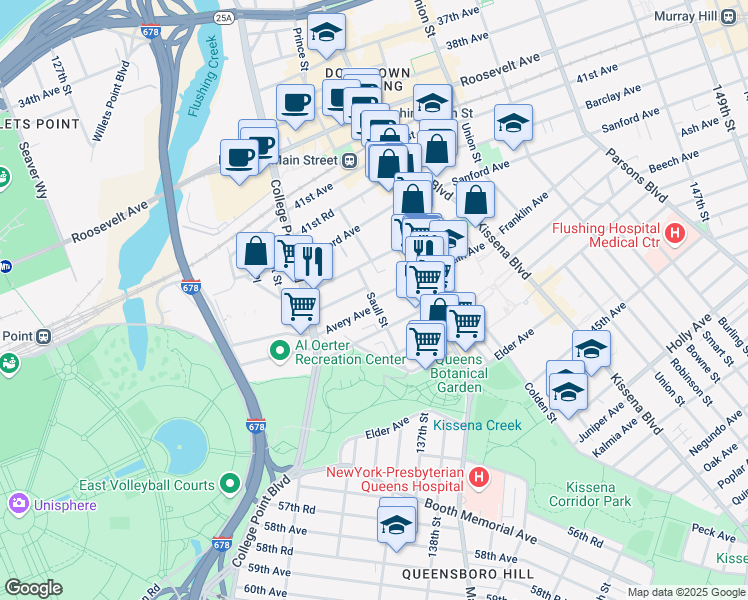 map of restaurants, bars, coffee shops, grocery stores, and more near 132-71 Avery Avenue in Queens
