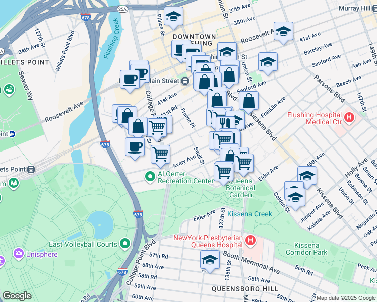 map of restaurants, bars, coffee shops, grocery stores, and more near 132-71 Avery Avenue in Queens