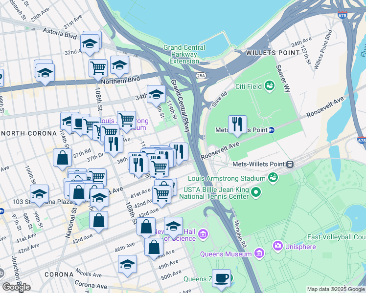 map of restaurants, bars, coffee shops, grocery stores, and more near 112-31 39th Avenue in Queens
