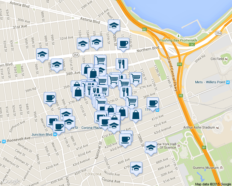 map of restaurants, bars, coffee shops, grocery stores, and more near in Queens