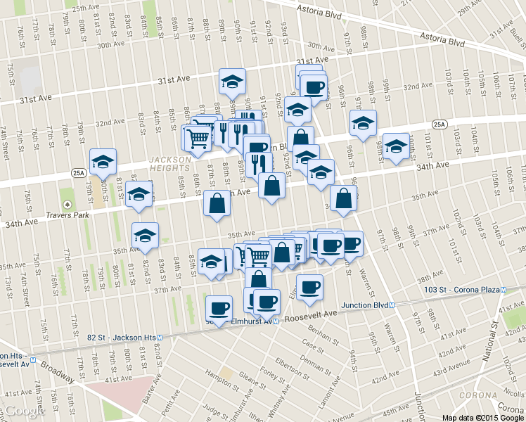 map of restaurants, bars, coffee shops, grocery stores, and more near 34-31 89th Street in Queens
