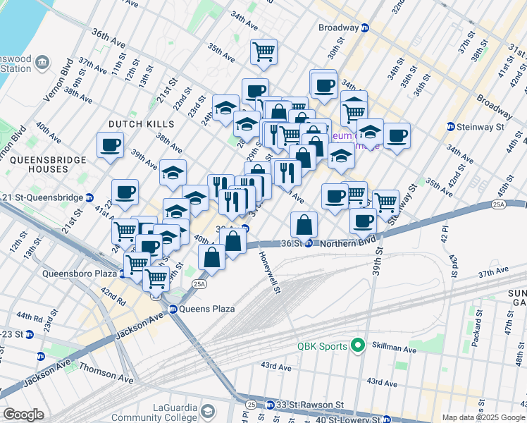 map of restaurants, bars, coffee shops, grocery stores, and more near 38-03 31st Street in Queens