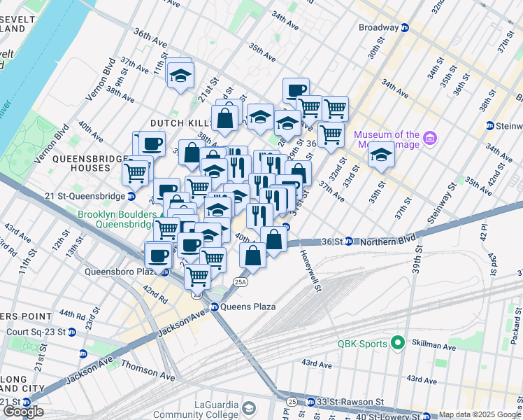 map of restaurants, bars, coffee shops, grocery stores, and more near 39-08 29th Street in Queens