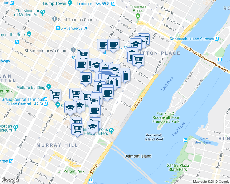 map of restaurants, bars, coffee shops, grocery stores, and more near 320 East 49th Street in New York