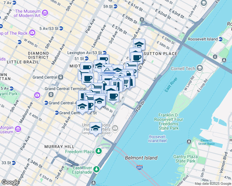 map of restaurants, bars, coffee shops, grocery stores, and more near 320 East 49th Street in New York
