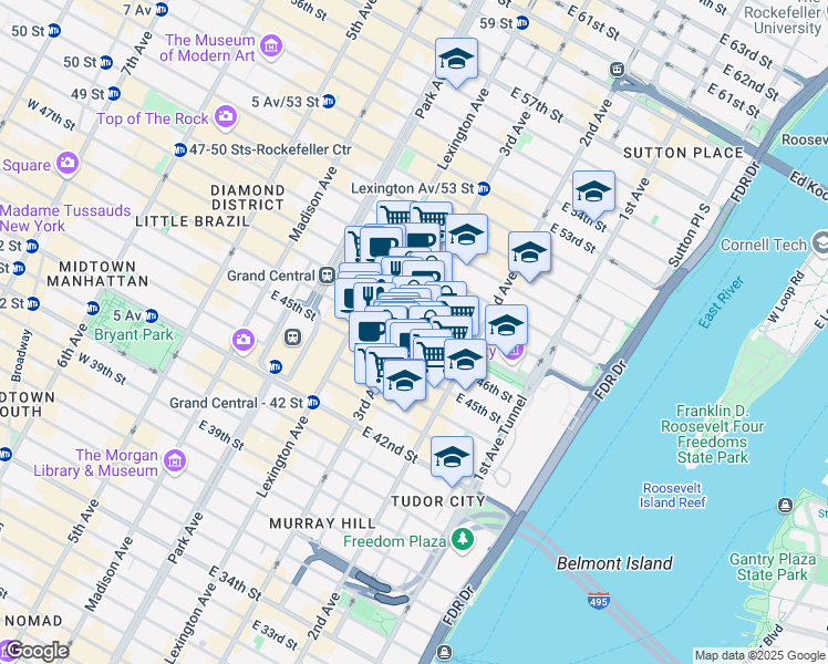 map of restaurants, bars, coffee shops, grocery stores, and more near 750 3rd Avenue in New York