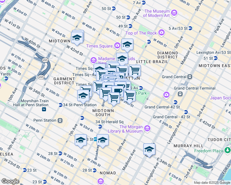 map of restaurants, bars, coffee shops, grocery stores, and more near 1430 Broadway in New York
