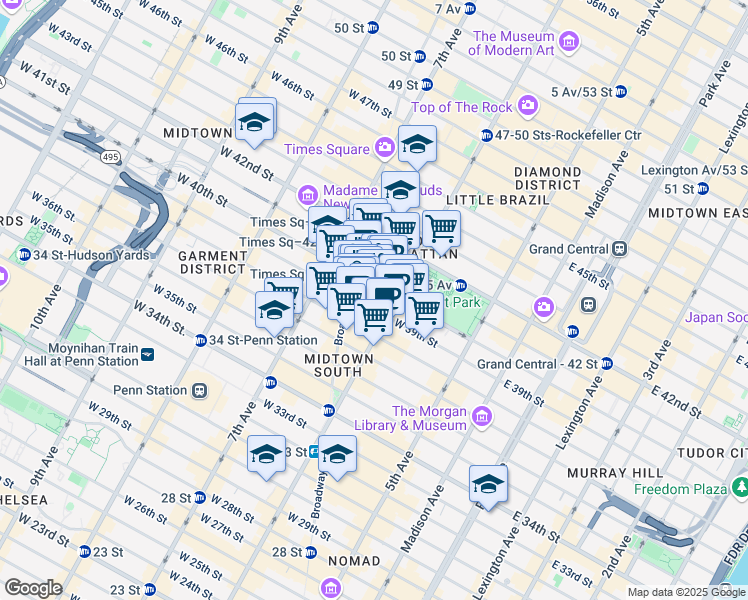 map of restaurants, bars, coffee shops, grocery stores, and more near 1430 Broadway in New York