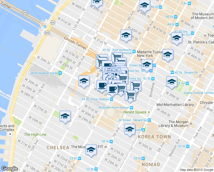 map of restaurants, bars, coffee shops, grocery stores, and more near 334 West 36th Street in New York