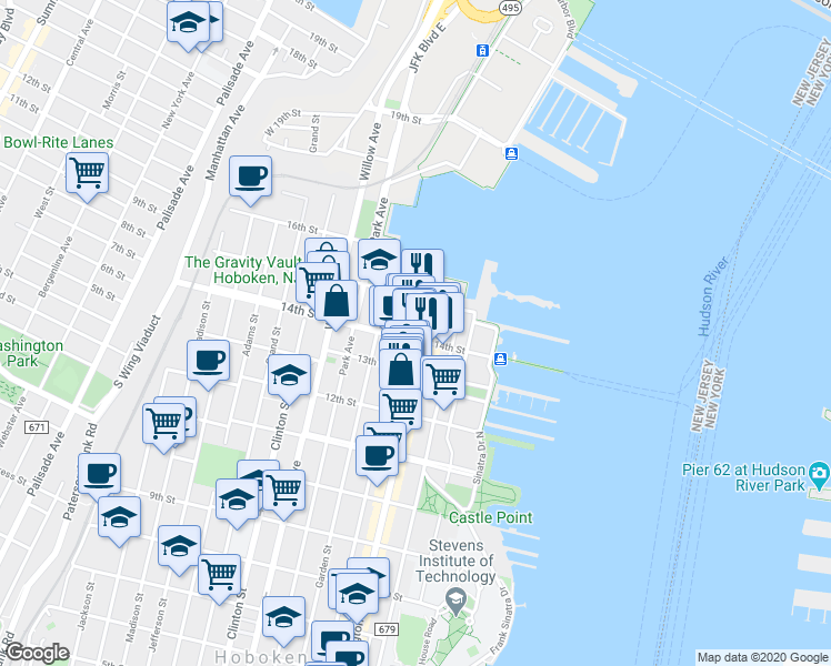 map of restaurants, bars, coffee shops, grocery stores, and more near in Hoboken