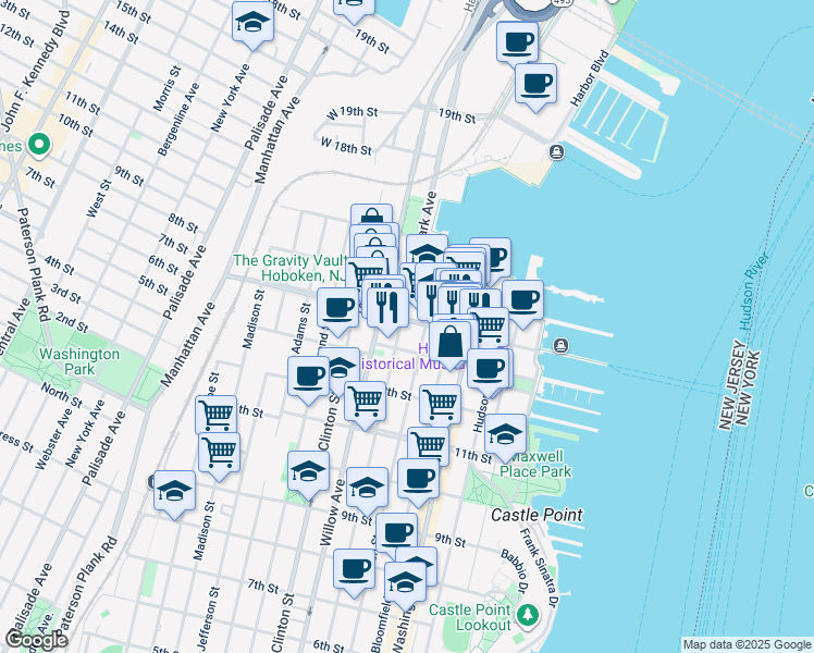 map of restaurants, bars, coffee shops, grocery stores, and more near 201 14th Street in Hoboken