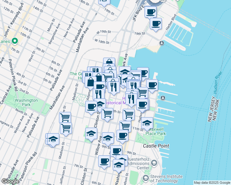 map of restaurants, bars, coffee shops, grocery stores, and more near 1327 Willow Avenue in Hoboken