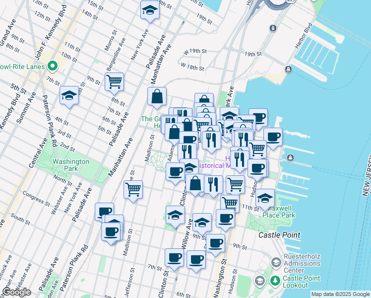 map of restaurants, bars, coffee shops, grocery stores, and more near 352 13th Street in Hoboken
