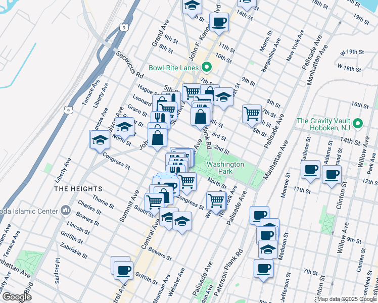 map of restaurants, bars, coffee shops, grocery stores, and more near 551 Central Avenue in Jersey City