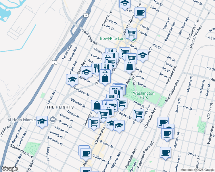 map of restaurants, bars, coffee shops, grocery stores, and more near 1127 Summit Avenue in Jersey City