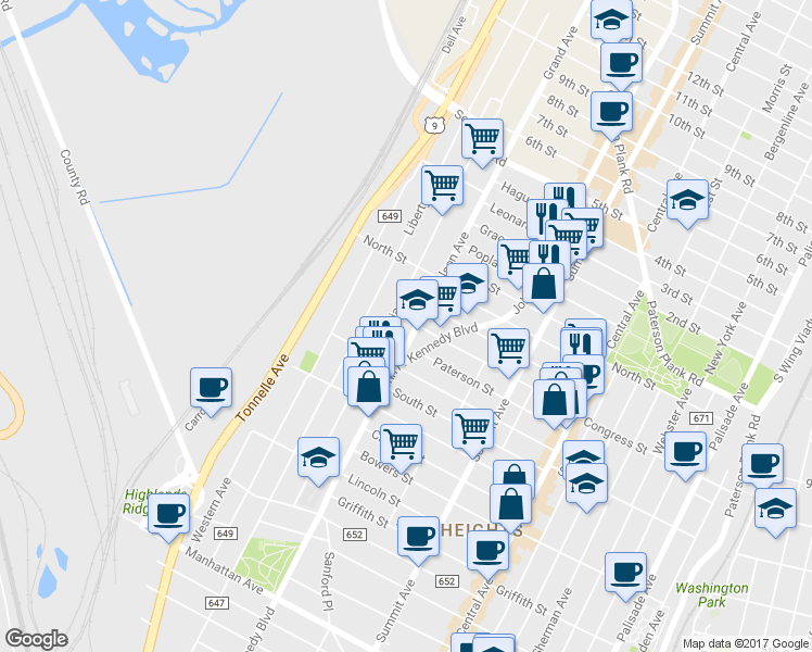 map of restaurants, bars, coffee shops, grocery stores, and more near 256 Congress Street in Jersey City